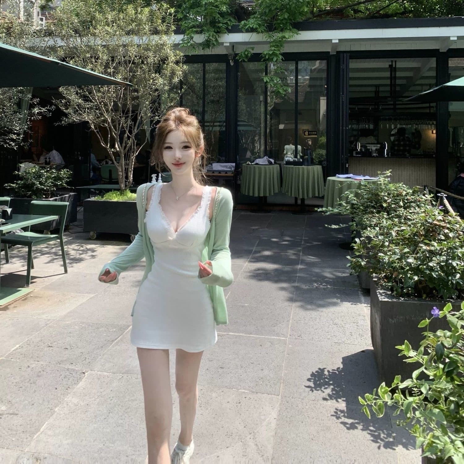 순수한 욕망 바람 핫걸 섹시함 몸매 가꾸기 슬립 여성 드레스 여름 긍정적 인 어깨 허리 수축 슬림해 보이는 청 새로운 녹색 외부 가져 가라. 오픈 가디건 상세 이미지 2