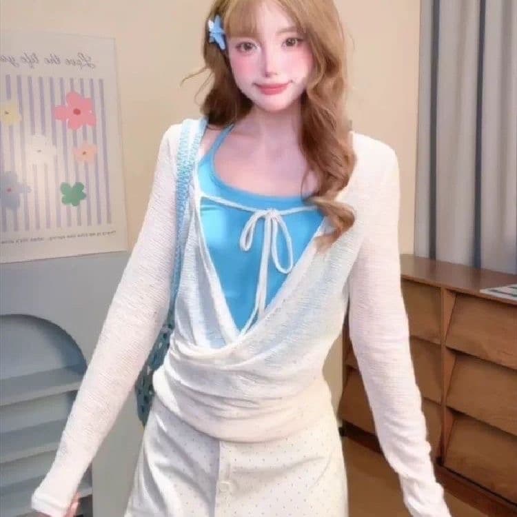 umoumo 우 버섯 캐주얼 다용도 십자가 펌프 Pleat 배색 사실 투피스 세트 티셔츠 스트라이프 마이크로 ~을 통해 얇고 가벼운 V넥 블라우스 이미지 2