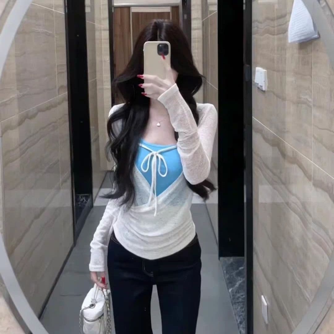 umoumo 우 버섯 캐주얼 다용도 십자가 펌프 Pleat 배색 사실 투피스 세트 티셔츠 스트라이프 마이크로 ~을 통해 얇고 가벼운 V넥 블라우스 상세 이미지 2