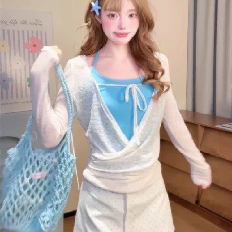 umoumo 우 버섯 캐주얼 다용도 십자가 펌프 Pleat 배색 사실 투피스 세트 티셔츠 스트라이프 마이크로 ~을 통해 얇고 가벼운 V넥 블라우스 상세 이미지 4