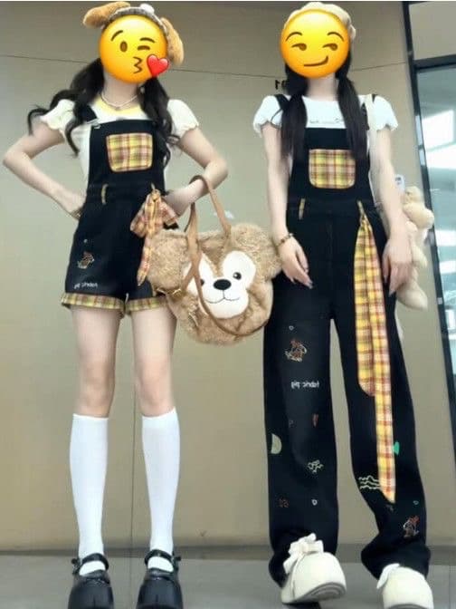 아메리칸 레트로 체크무늬 패치 패치워크 청바지 아이들 여름 레트로 높음 거리 디자인 센스 바닥 청소 멜빵 바지 이미지 2