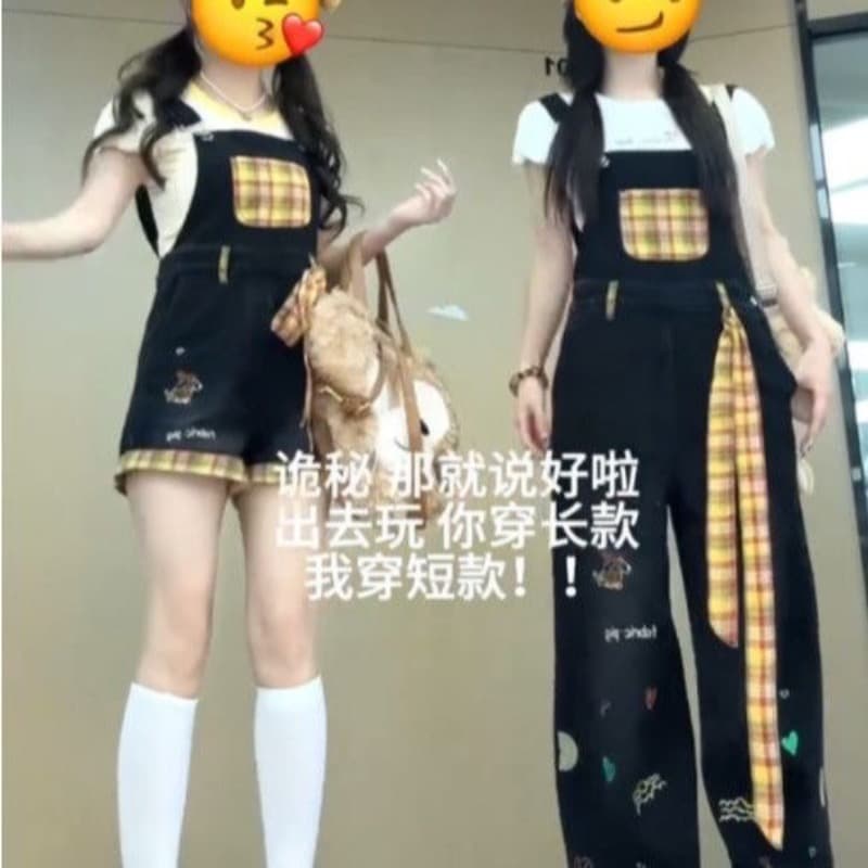아메리칸 레트로 체크무늬 패치 패치워크 청바지 아이들 여름 레트로 높음 거리 디자인 센스 바닥 청소 멜빵 바지 이미지 5