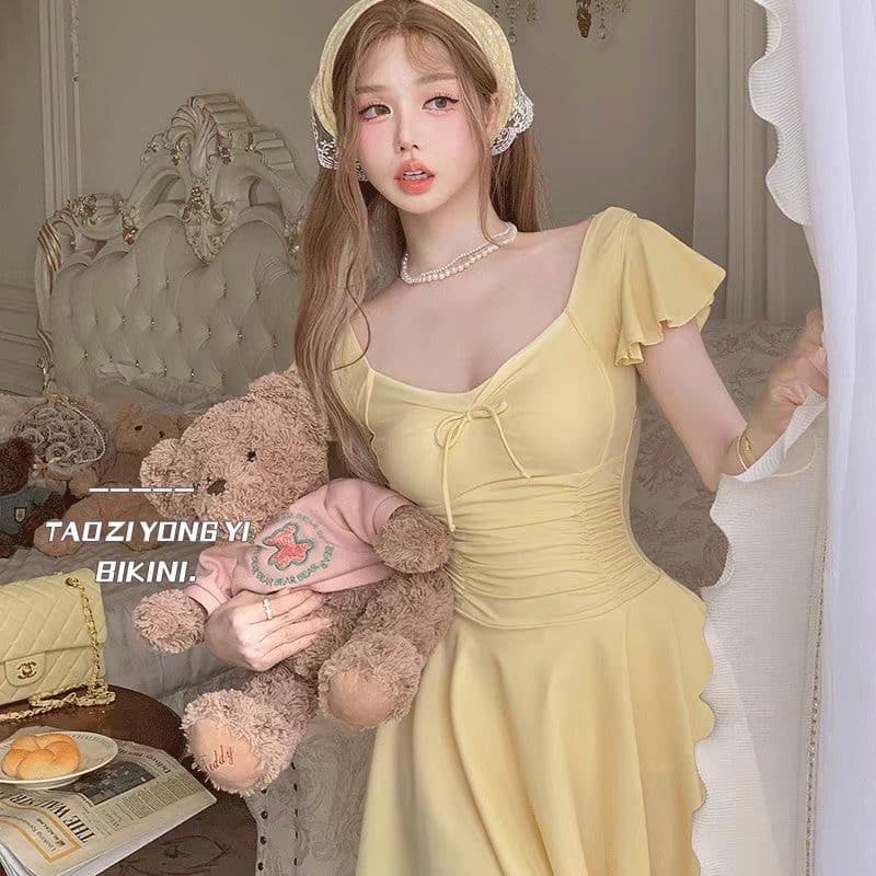 2025 새로운 올인원 온천 수영복 여성 슬림해 보이는 보수당의 표지 배 치마 스타일 고급 센스 작은 가슴 모으다 휴가 수영복 상세 이미지 1
