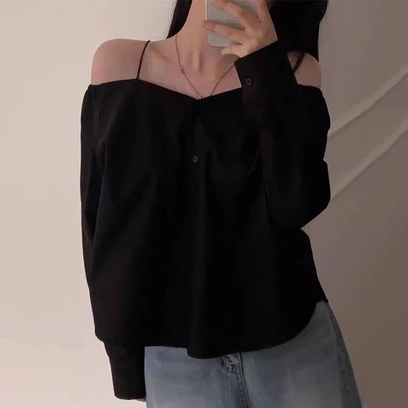 yoli 장 宥 이익 노르웨이 거리 검정색 오프숄더 긴팔 여성 셔츠 핫걸 허리 수축 슬림해 보이는 쇼트 스타일 맨위