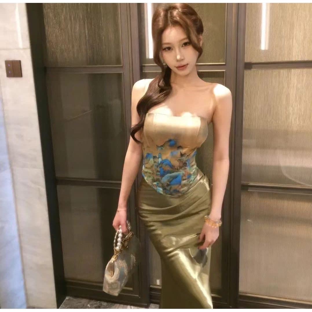 특히 아름다움 어린이 stazf7 지방 mm 프랑스식 순수한 욕망 프린트 생선뼈 튜브탑 여성 여름 레트로 새틴 인어 꼬리 치마 세트 상세 이미지 4