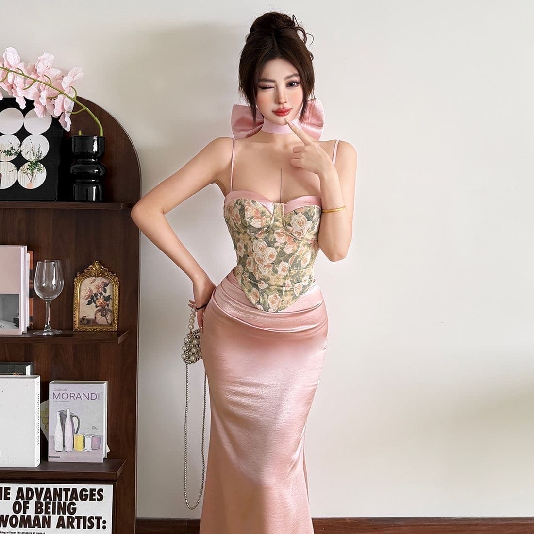 프랑스식 인어 꼬리 치마 핑크색 새틴 타이트 스커트 반신 스커트 롱 코트 고급 센스 몸매 가꾸기 슬림해 보이는 세트 드레스 투피스 세트 상세 이미지 5