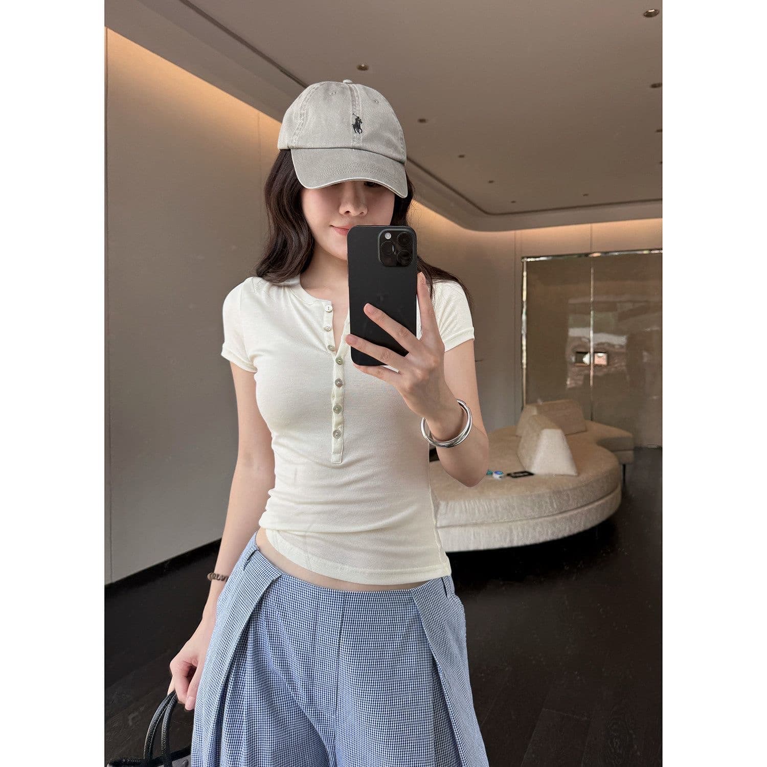 나비 보물 웃음 sunshine 헨리 칼라 알몸의 센스 주간 실크 삼색 반팔 티셔츠 여성 봄 가을 몸매 가꾸기 인사이드 잡아라. 의류 상세 이미지 2
