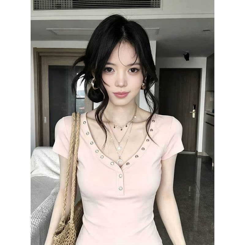 아메리칸 레트로 징 V넥 반팔 티셔츠 여성 여름 새로운 패션 다용도 몸매 가꾸기 슬림해 보이는 디자인 센스 맨위 트렌디 이미지 5