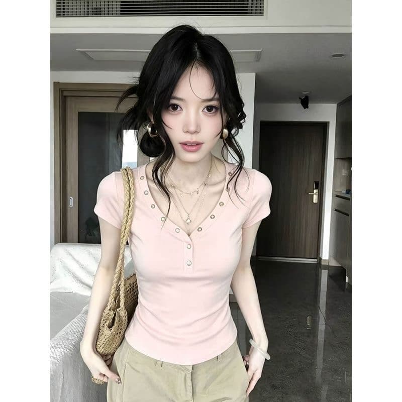 아메리칸 레트로 징 V넥 반팔 티셔츠 여성 여름 새로운 패션 다용도 몸매 가꾸기 슬림해 보이는 디자인 센스 맨위 트렌디 이미지 4