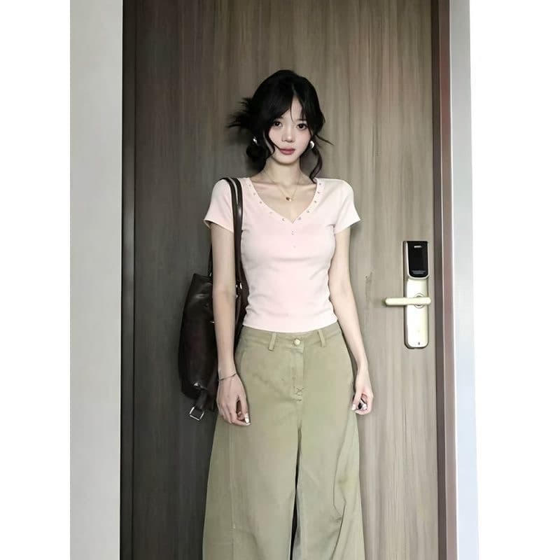 아메리칸 레트로 징 V넥 반팔 티셔츠 여성 여름 새로운 패션 다용도 몸매 가꾸기 슬림해 보이는 디자인 센스 맨위 트렌디 상세 이미지 4