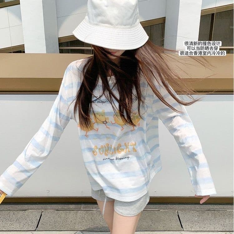 지구 가게 샤오 황 오리 프린트 얇은 스타일 Tulle 자외선 차단 블라우스 여자 이른 봄 루즈핏 스트라이프 긴팔 티셔츠 맨위 상세 이미지 2