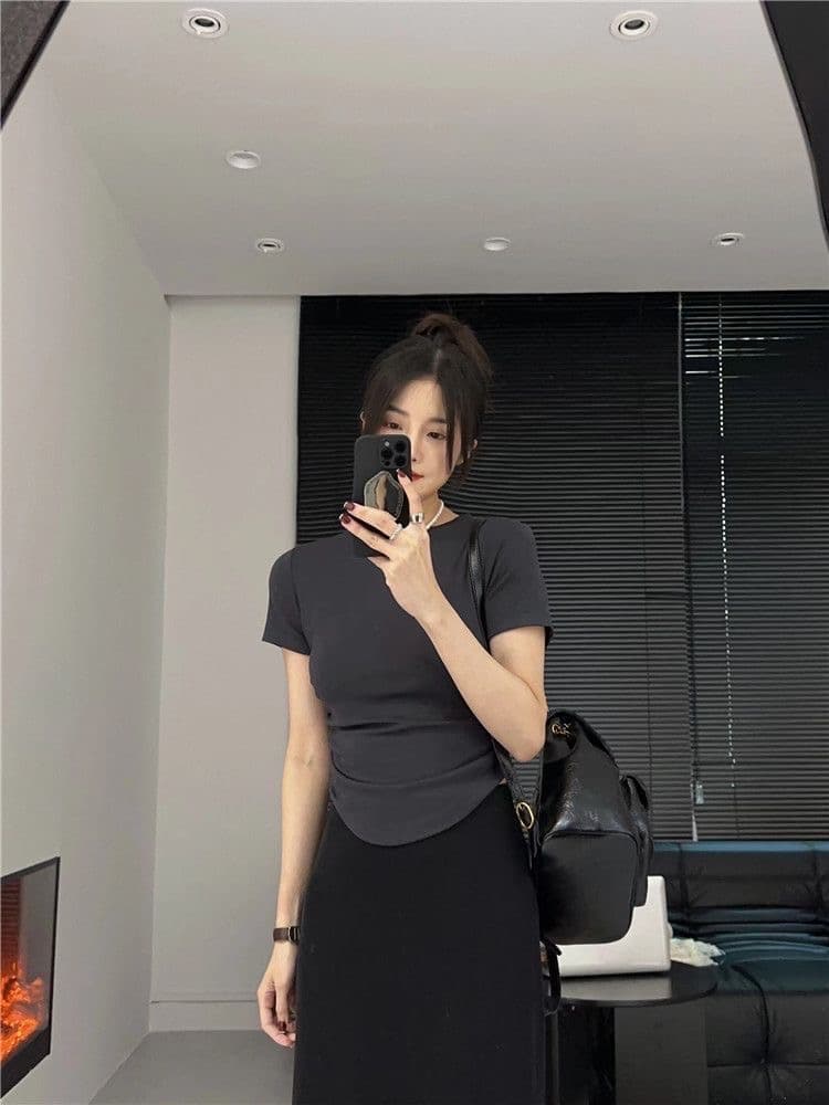 순수한 욕망 바람 라운드 넥 반팔 티셔츠 여성 여름 폭발 주름 허리 수축 슬림해 보이는 동정 신축성 몸매 가꾸기 쇼트 스타일 맨위 이미지 4