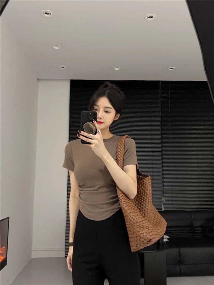 순수한 욕망 바람 라운드 넥 반팔 티셔츠 여성 여름 폭발 주름 허리 수축 슬림해 보이는 동정 신축성 몸매 가꾸기 쇼트 스타일 맨위 상세 이미지 2