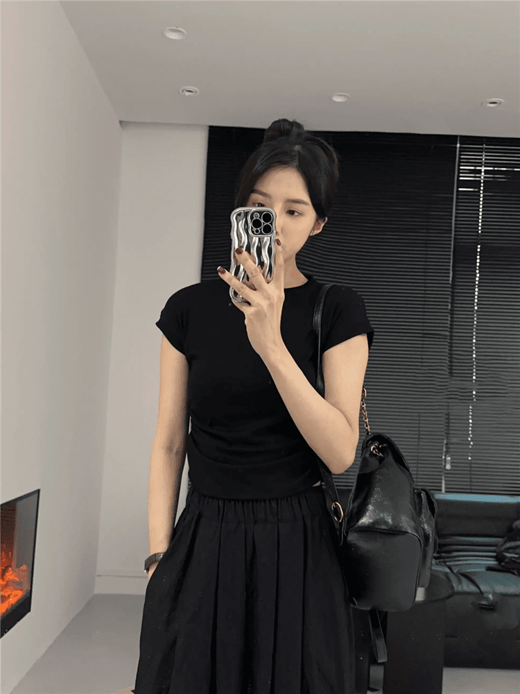 순수한 욕망 바람 라운드 넥 반팔 티셔츠 여성 여름 폭발 주름 허리 수축 슬림해 보이는 동정 신축성 몸매 가꾸기 쇼트 스타일 맨위 상세 이미지 3