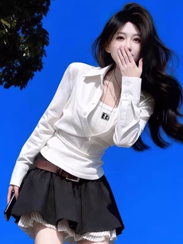빛 요리 한 미니멀리즘 바람 화이트 허리 수축 셔츠 2026 봄 새로운 고급 외국 가스 연령 감소 출퇴근 다용도 맨위 여성 상세 이미지 2