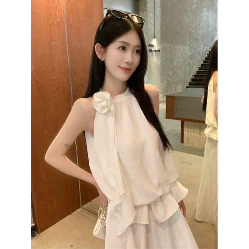 한 부서 부드러운 바람 세트 여성 여름 2026 새로운 행침 목 민소매 맨위 도루 센스 큰 진자 반신 스커트 투피스 세트