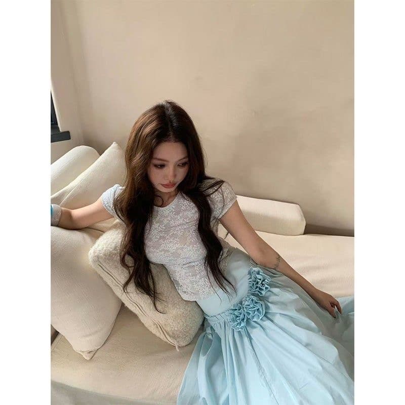 turn up 첸 다리 어린이 도파민 소녀 주름 패치워크 3 차원 꽃 우산 치마 휴가 캐주얼 반신 스커트 이미지 2