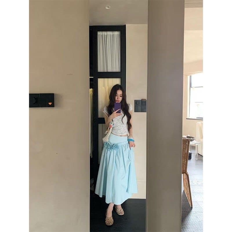 turn up 첸 다리 어린이 도파민 소녀 주름 패치워크 3 차원 꽃 우산 치마 휴가 캐주얼 반신 스커트