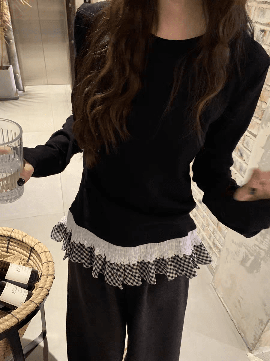 배색 체크무늬 낭만주의 레이스 프릴 디자인 센스 긴팔 여성 외국 가스 패션 기본 셔츠 리브 De 플러시 맨위 이미지 2