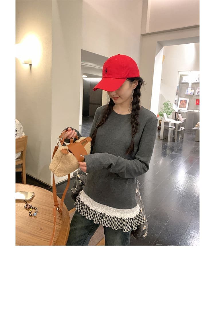 배색 체크무늬 낭만주의 레이스 프릴 디자인 센스 긴팔 여성 외국 가스 패션 기본 셔츠 리브 De 플러시 맨위 상세 이미지 2
