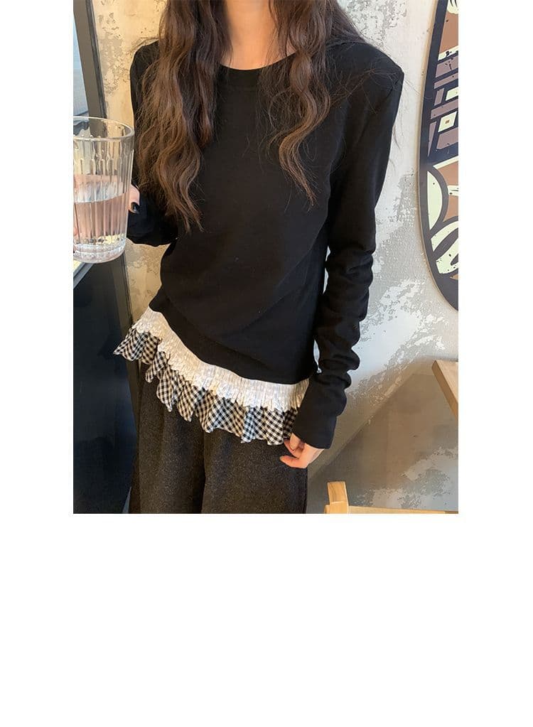 배색 체크무늬 낭만주의 레이스 프릴 디자인 센스 긴팔 여성 외국 가스 패션 기본 셔츠 리브 De 플러시 맨위 상세 이미지 15