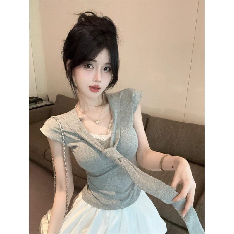 한 부서 260gt 슬림해 보이는 해군 Chic 디자인 맨위 블루 색상 스트랩 긍정적 인 어깨 반팔 여름 새로운 몸매 가꾸기 이미지 3