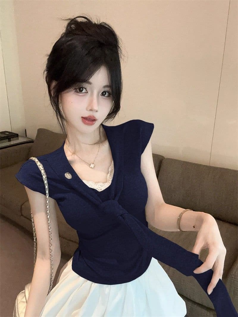 한 부서 260gt 슬림해 보이는 해군 Chic 디자인 맨위 블루 색상 스트랩 긍정적 인 어깨 반팔 여름 새로운 몸매 가꾸기 상세 이미지 4