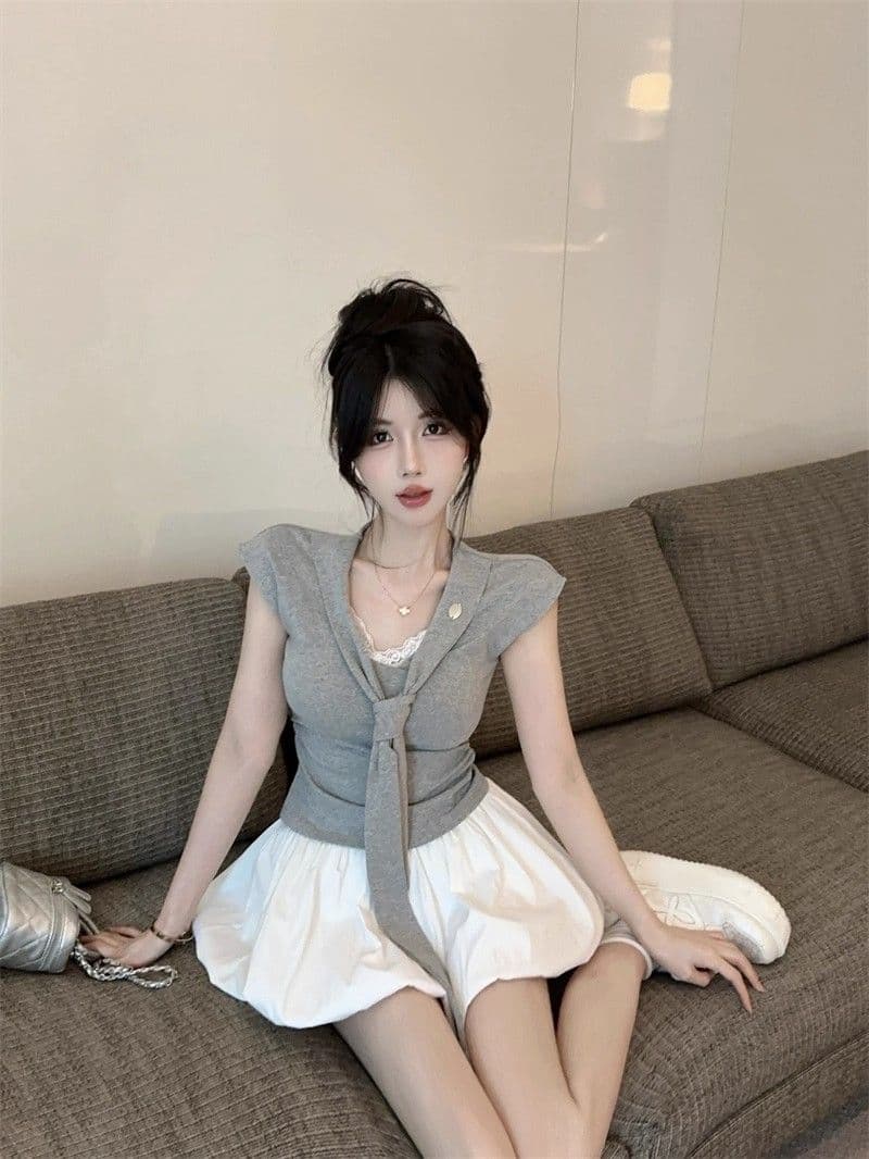 한 부서 260gt 슬림해 보이는 해군 Chic 디자인 맨위 블루 색상 스트랩 긍정적 인 어깨 반팔 여름 새로운 몸매 가꾸기 상세 이미지 10