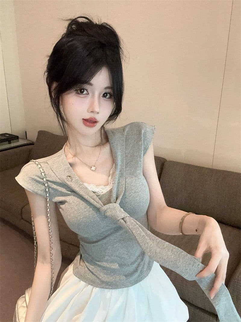 한 부서 260gt 슬림해 보이는 해군 Chic 디자인 맨위 블루 색상 스트랩 긍정적 인 어깨 반팔 여름 새로운 몸매 가꾸기 상세 이미지 11