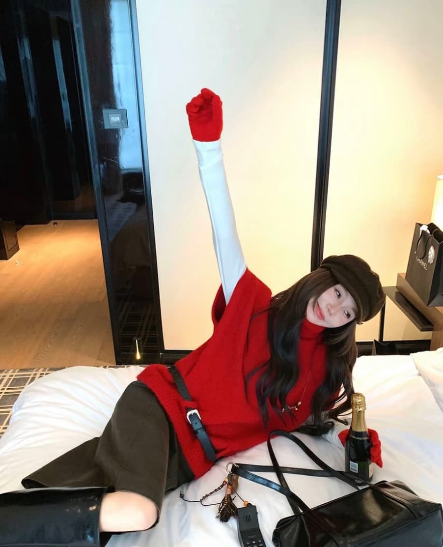 크랜베리 예 를 낳 았 을 빨간색 분위기 센스 터틀넥 베스트 스웨터 느긋한 바람 인사이드 가져 가라. 바늘 리본 벨트 c 9987# 이미지 2