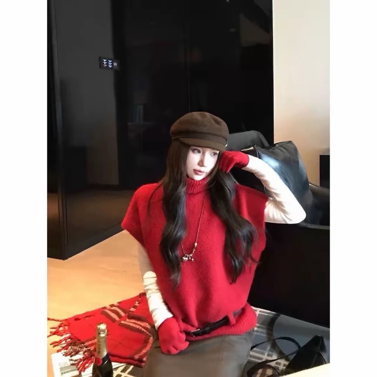 크랜베리 예 를 낳 았 을 빨간색 분위기 센스 터틀넥 베스트 스웨터 느긋한 바람 인사이드 가져 가라. 바늘 리본 벨트 c 9987# 이미지 4