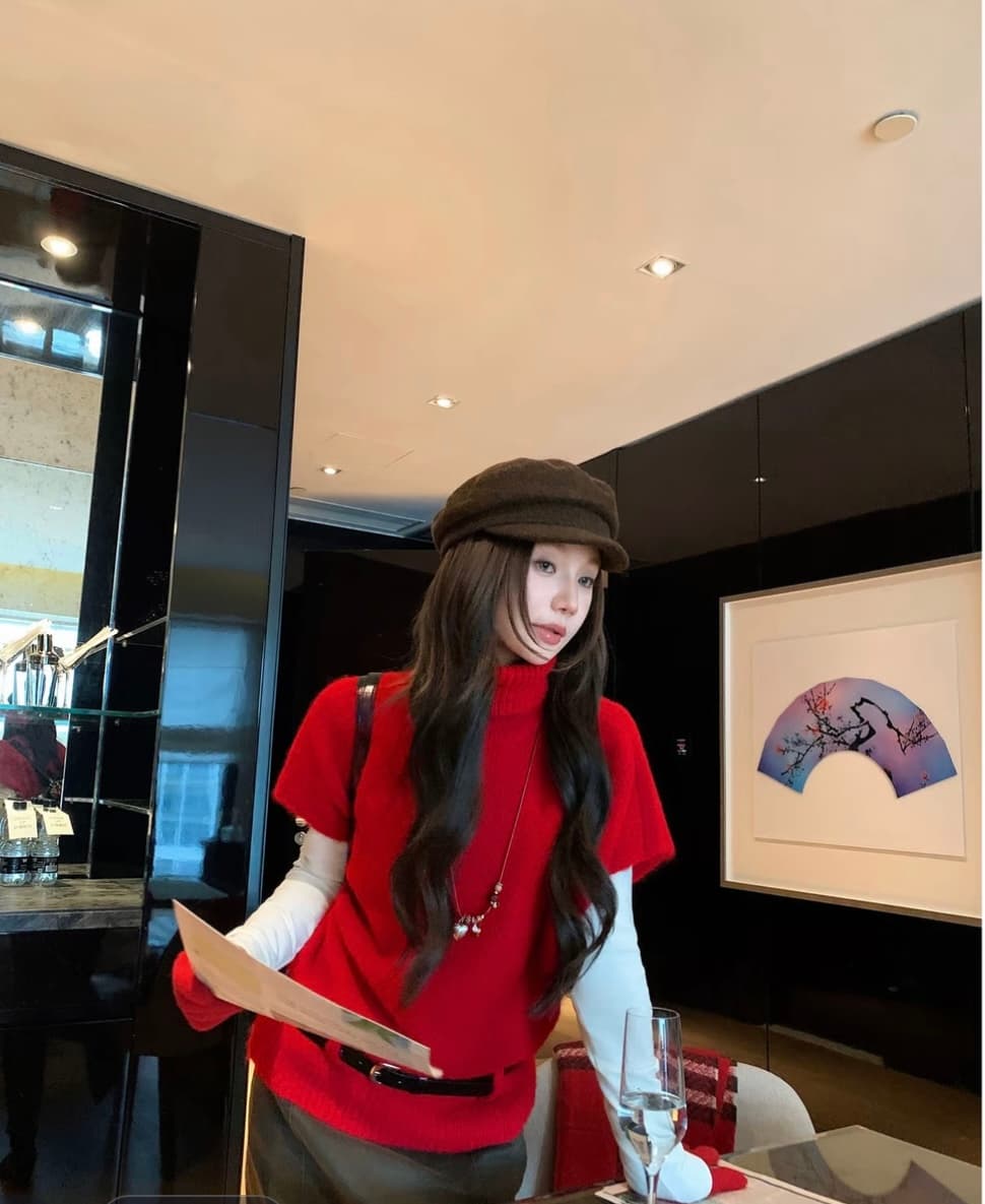 크랜베리 예 를 낳 았 을 빨간색 분위기 센스 터틀넥 베스트 스웨터 느긋한 바람 인사이드 가져 가라. 바늘 리본 벨트 c 9987# 상세 이미지 6