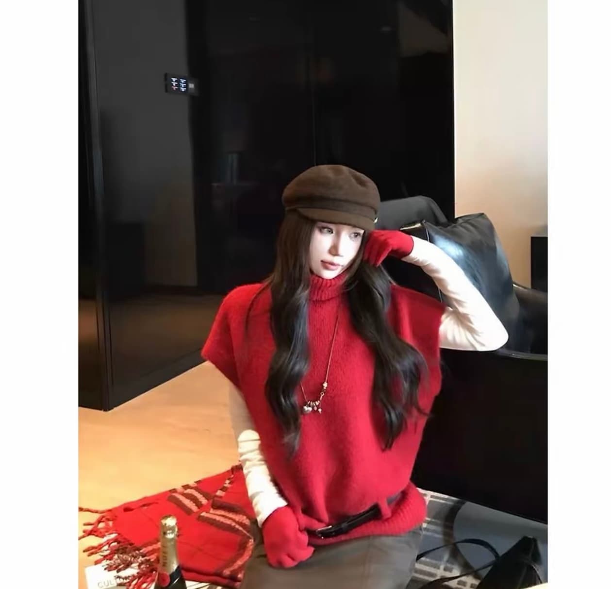 크랜베리 예 를 낳 았 을 빨간색 분위기 센스 터틀넥 베스트 스웨터 느긋한 바람 인사이드 가져 가라. 바늘 리본 벨트 c 9987# 상세 이미지 8