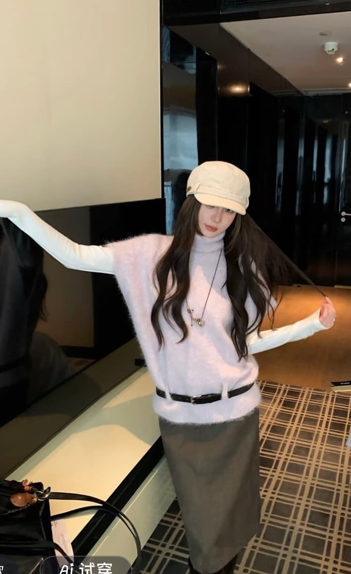크랜베리 예 를 낳 았 을 빨간색 분위기 센스 터틀넥 베스트 스웨터 느긋한 바람 인사이드 가져 가라. 바늘 리본 벨트 c 9987# 상세 이미지 10