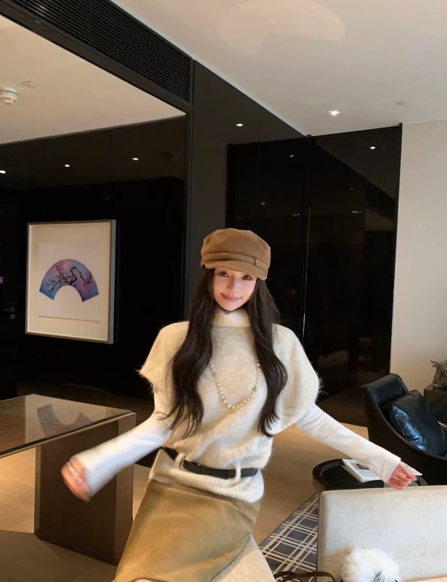 크랜베리 예 를 낳 았 을 빨간색 분위기 센스 터틀넥 베스트 스웨터 느긋한 바람 인사이드 가져 가라. 바늘 리본 벨트 c 9987# 상세 이미지 11