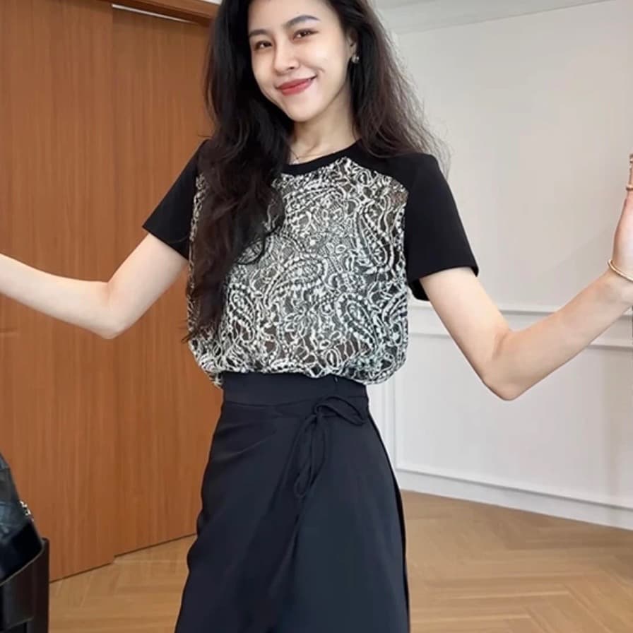 장 A 스타 저녁 바람 청 꿈 프랑스식 레트로 자수 배색 t 슬림해 보이는 치마바지 w425a09104 이미지 3