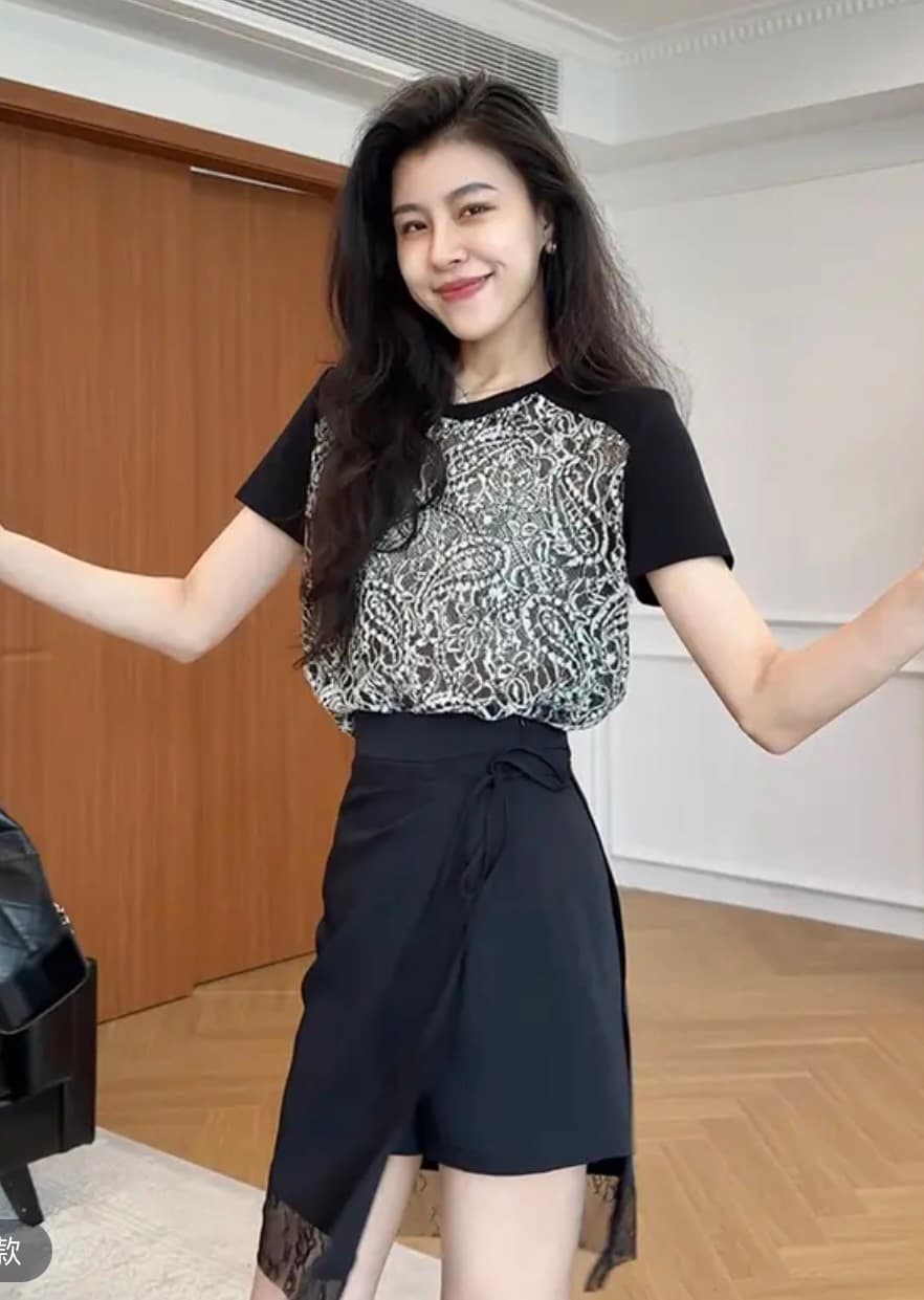 장 A 스타 저녁 바람 청 꿈 프랑스식 레트로 자수 배색 t 슬림해 보이는 치마바지 w425a09104 이미지 4