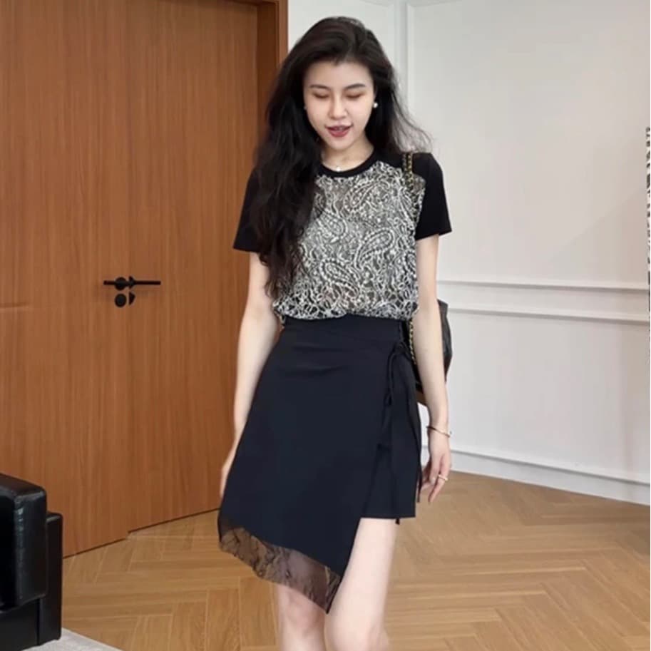 장 A 스타 저녁 바람 청 꿈 프랑스식 레트로 자수 배색 t 슬림해 보이는 치마바지 w425a09104 이미지 6