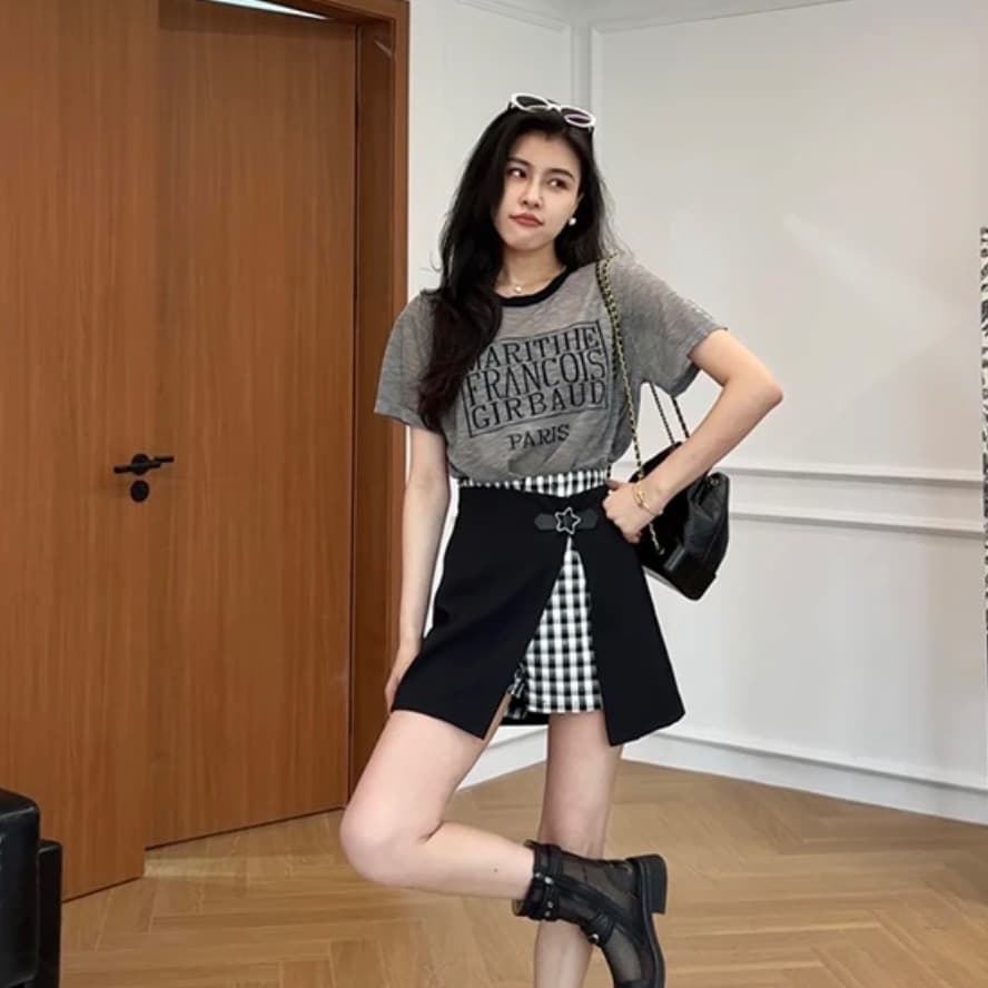 장 A 스타 방콕 열파 얇은 스타일 대나무 마디 마 니트 반팔 슬림해 보이는 페이크 레이어드 치마바지 w425x07 상세 이미지 1