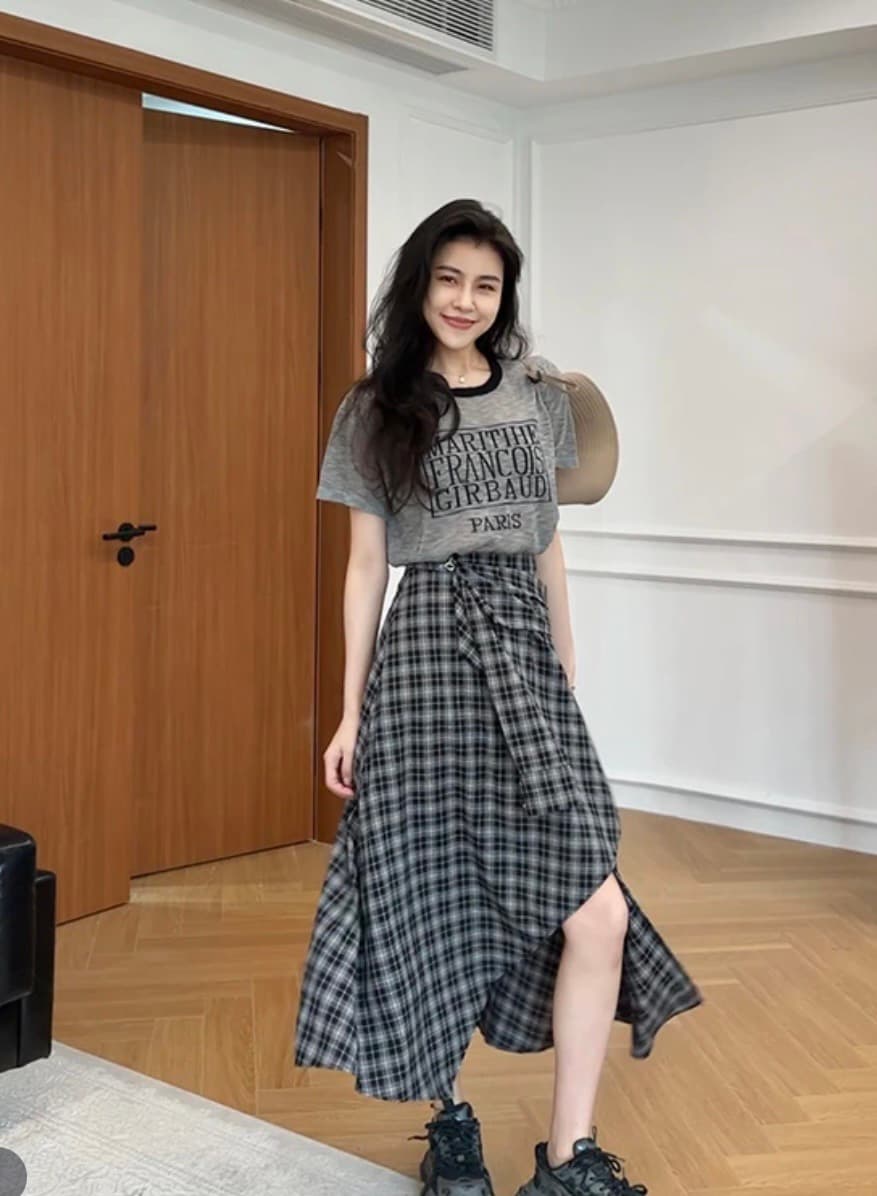 장 A 스타 자유 장 얇은 스타일 대나무 마디 마 니트 반팔 불규칙 체크무늬 치마바지 w425x077 이미지 2