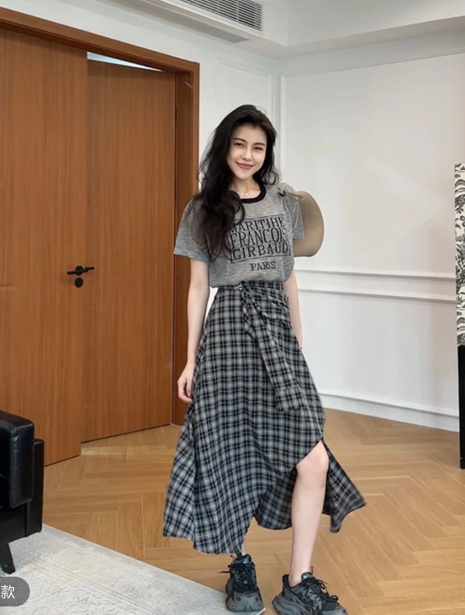 장 A 스타 자유 장 얇은 스타일 대나무 마디 마 니트 반팔 불규칙 체크무늬 치마바지 w425x077 이미지 4