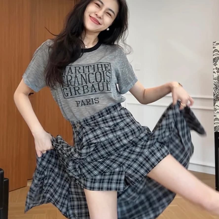 장 A 스타 자유 장 얇은 스타일 대나무 마디 마 니트 반팔 불규칙 체크무늬 치마바지 w425x077 이미지 6