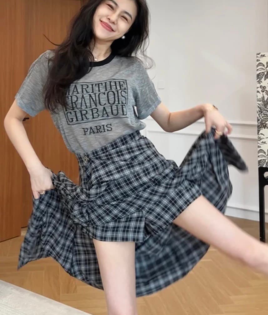 장 A 스타 자유 장 얇은 스타일 대나무 마디 마 니트 반팔 불규칙 체크무늬 치마바지 w425x077 상세 이미지 2