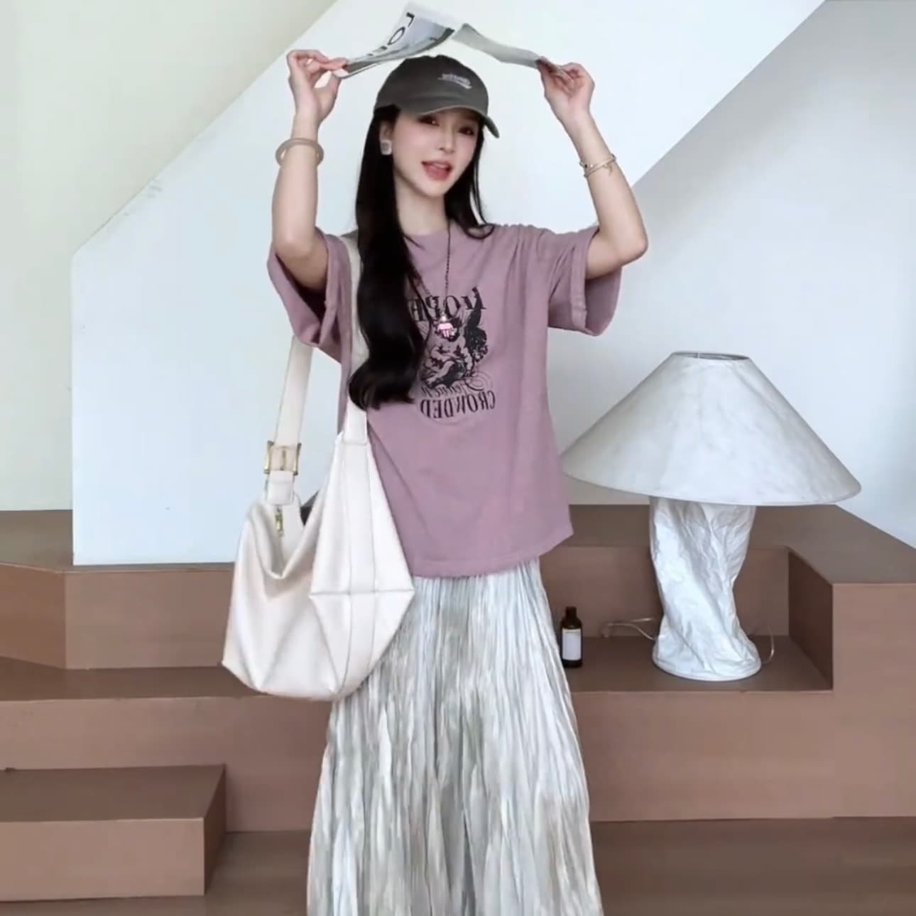 yy ・ studio 부드러운 안개 살구 분말 2026 여름 프랑스식 질감 센스 프린트 반팔 t 셔츠 치마 이미지 6