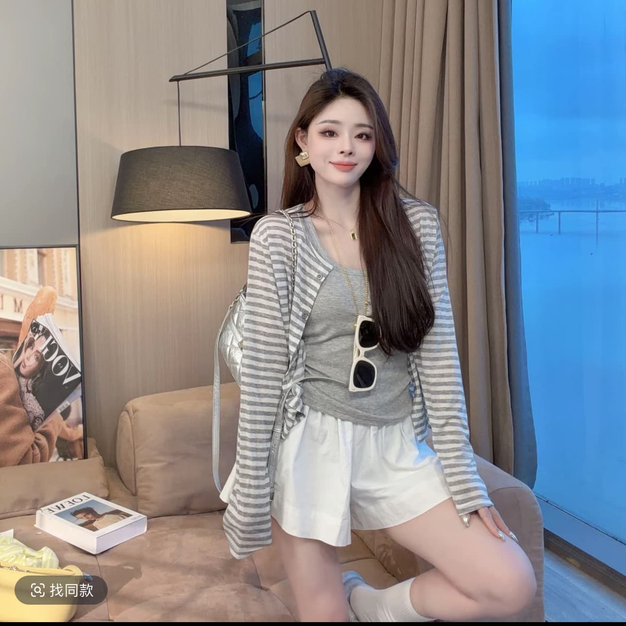 샤오 크릭 의류 봄 여름 새로운 느긋한 바람 다용도 슬립 스트라이프 긴팔 외부 피 투피스 세트 반바지 이미지 2