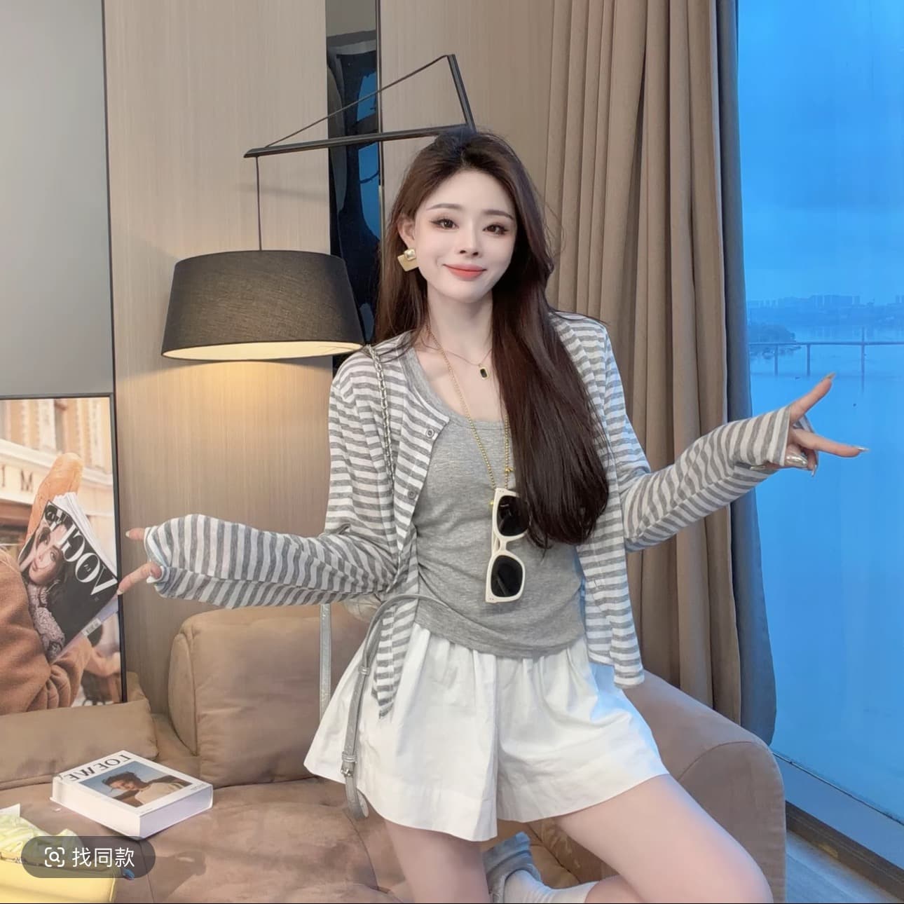 샤오 크릭 의류 봄 여름 새로운 느긋한 바람 다용도 슬립 스트라이프 긴팔 외부 피 투피스 세트 반바지 이미지 3