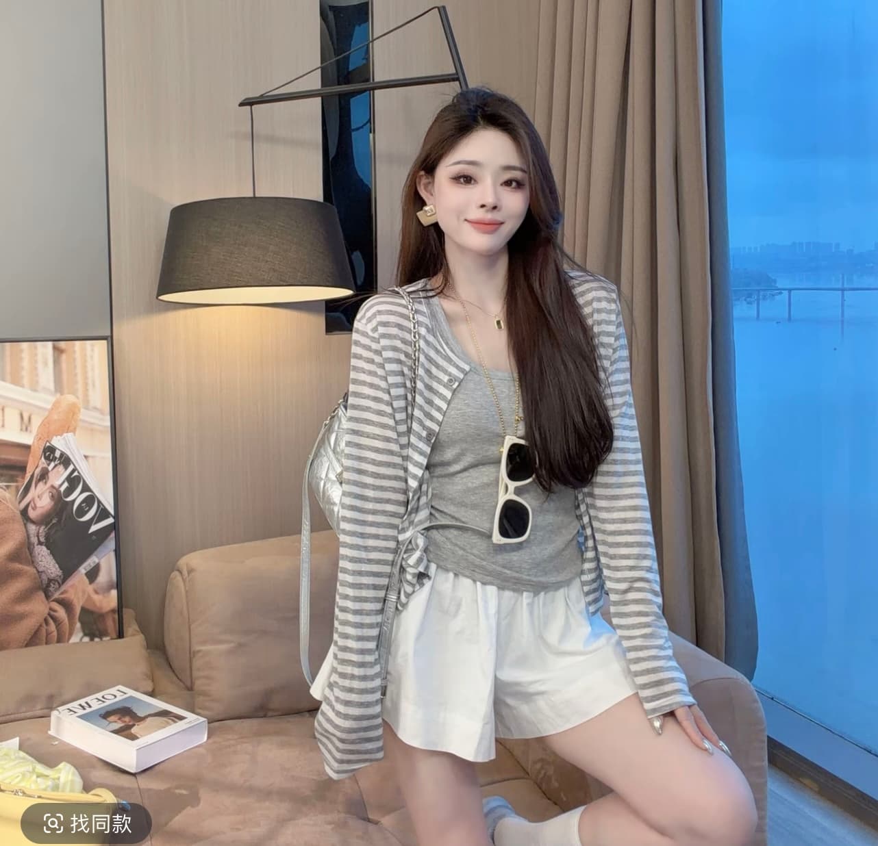 샤오 크릭 의류 봄 여름 새로운 느긋한 바람 다용도 슬립 스트라이프 긴팔 외부 피 투피스 세트 반바지 상세 이미지 3