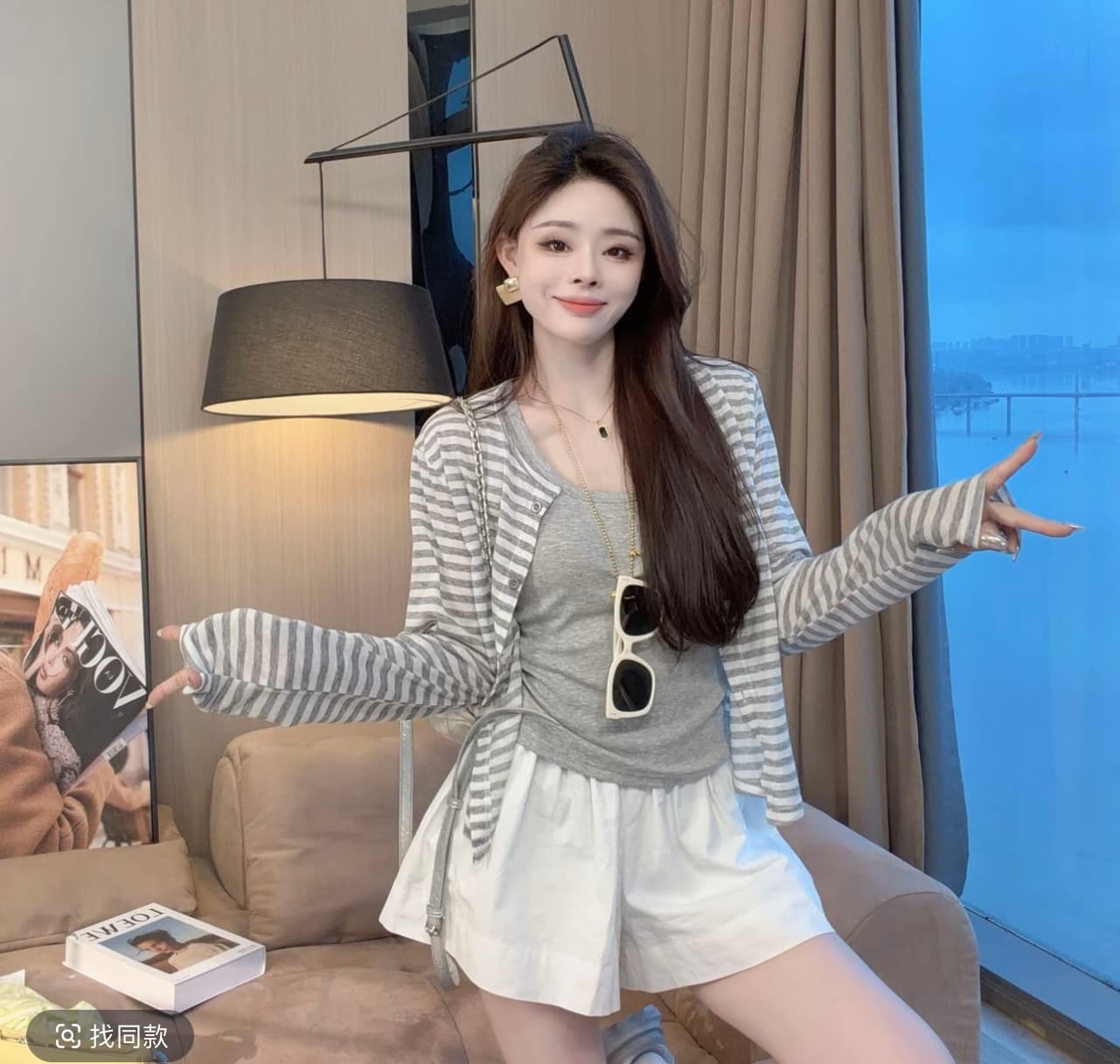 샤오 크릭 의류 봄 여름 새로운 느긋한 바람 다용도 슬립 스트라이프 긴팔 외부 피 투피스 세트 반바지 상세 이미지 4