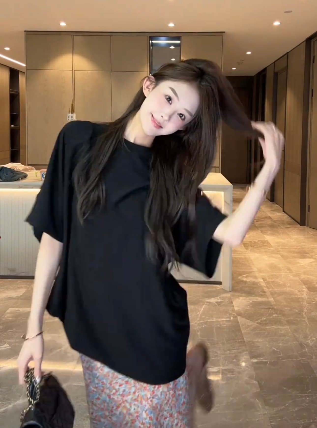cuixingxing 사선 무늬 프린트 신축성 허리 얇고 가벼운 롱 스커트 여성 37180 블랙 t 이미지 2