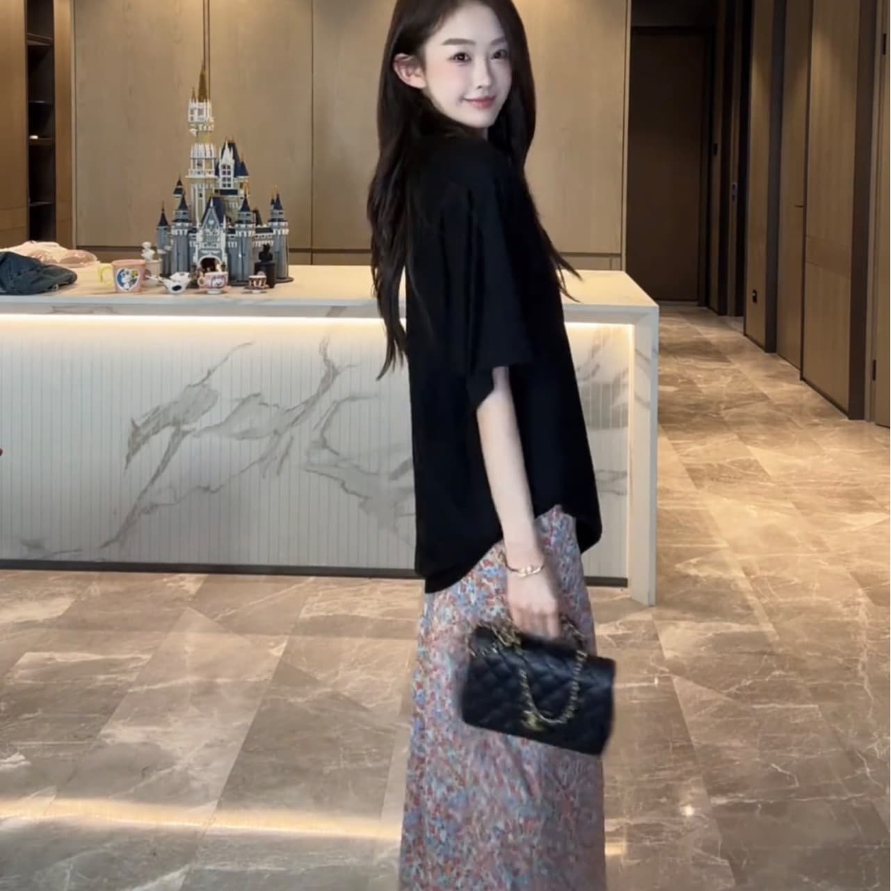cuixingxing 사선 무늬 프린트 신축성 허리 얇고 가벼운 롱 스커트 여성 37180 블랙 t 이미지 6